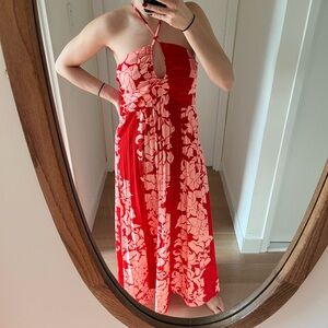 Elegant Red Floral Halter Dress